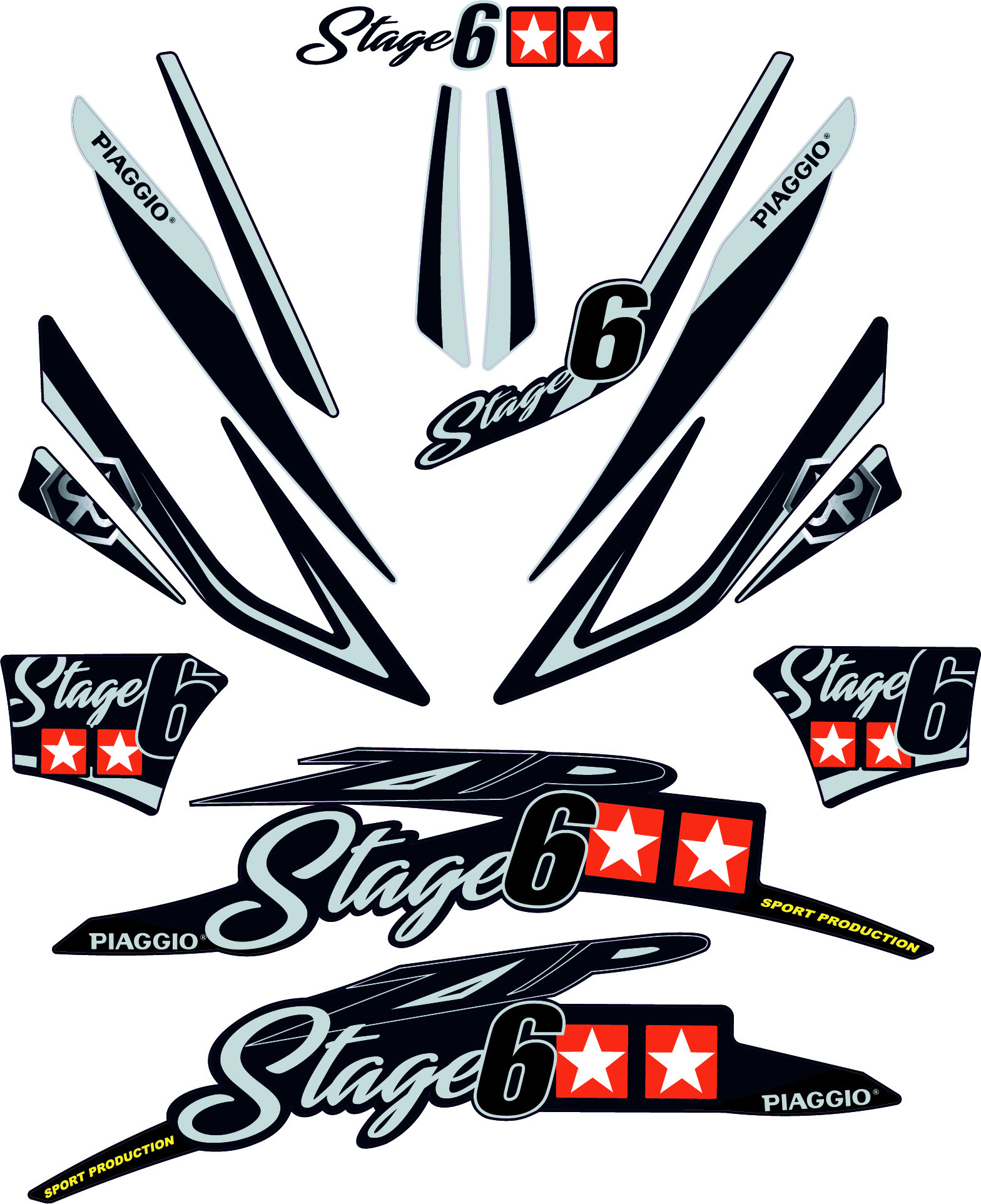 Piaggio ZIP SP Stickerset 14-delig Stage6. In diversen kleuren verkrijgbaar