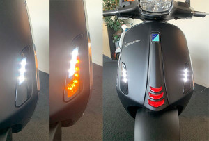 Knipperlichtset met dagrijverlichting, Smoke, Matrix, Audi style. Voorzijde. Vespa Primavera en Sprint.